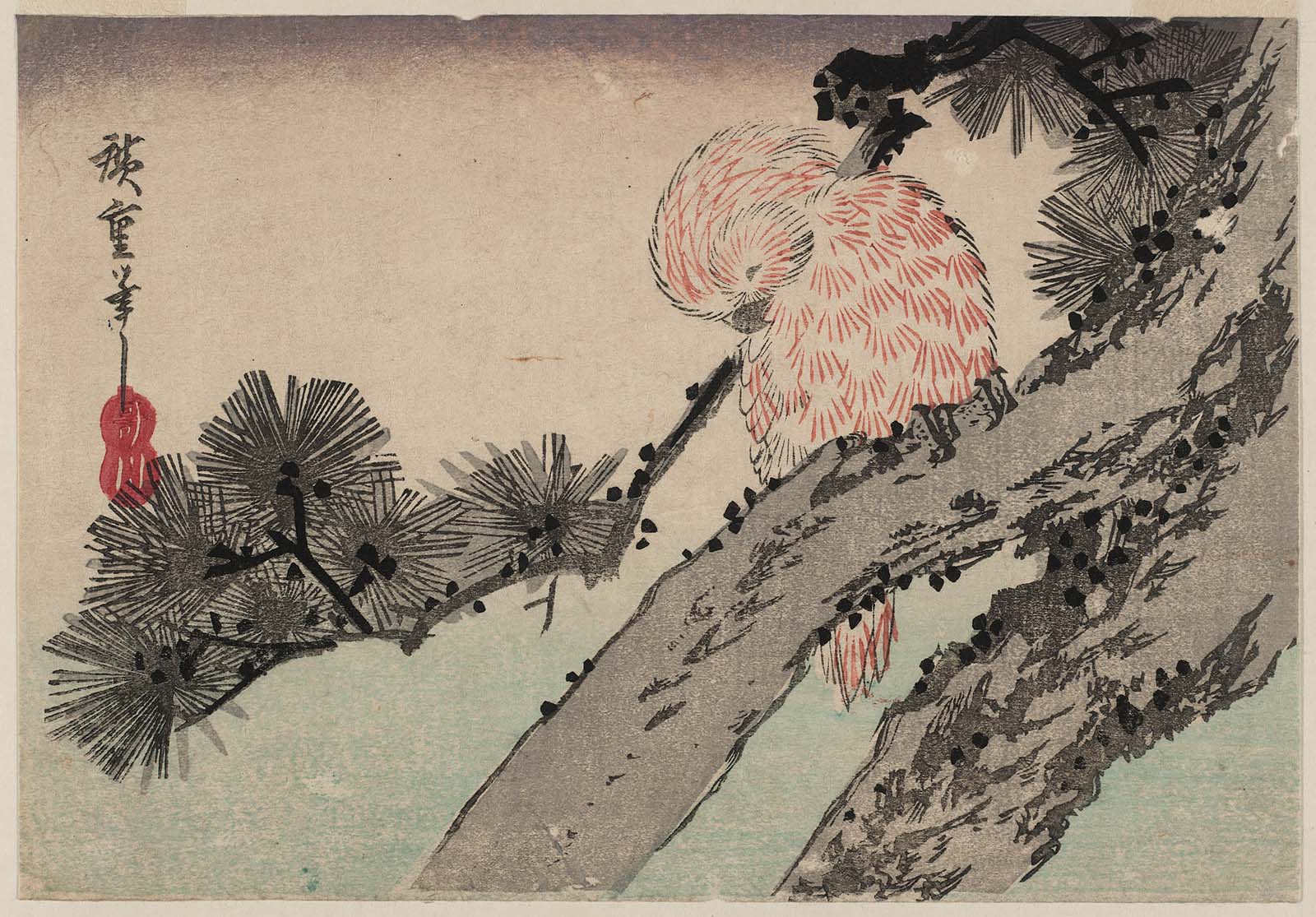 Hiroshiges - Small Owl on Pine Branch - Yotsugiri Format