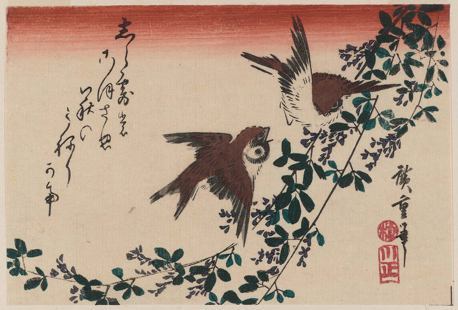 Hiroshiges - Sparrows and Bush Clover - Yotsugiri Format