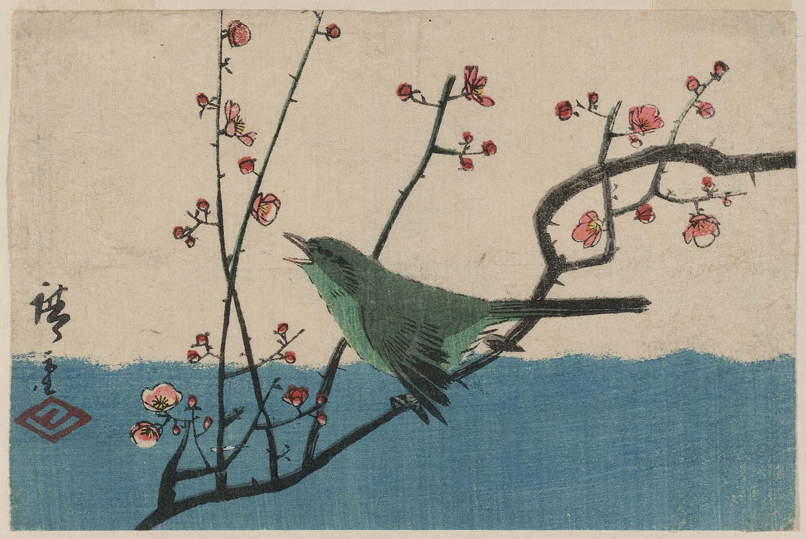 Hiroshiges - Warbler on Red Plum Branch - Yotsugiri Format