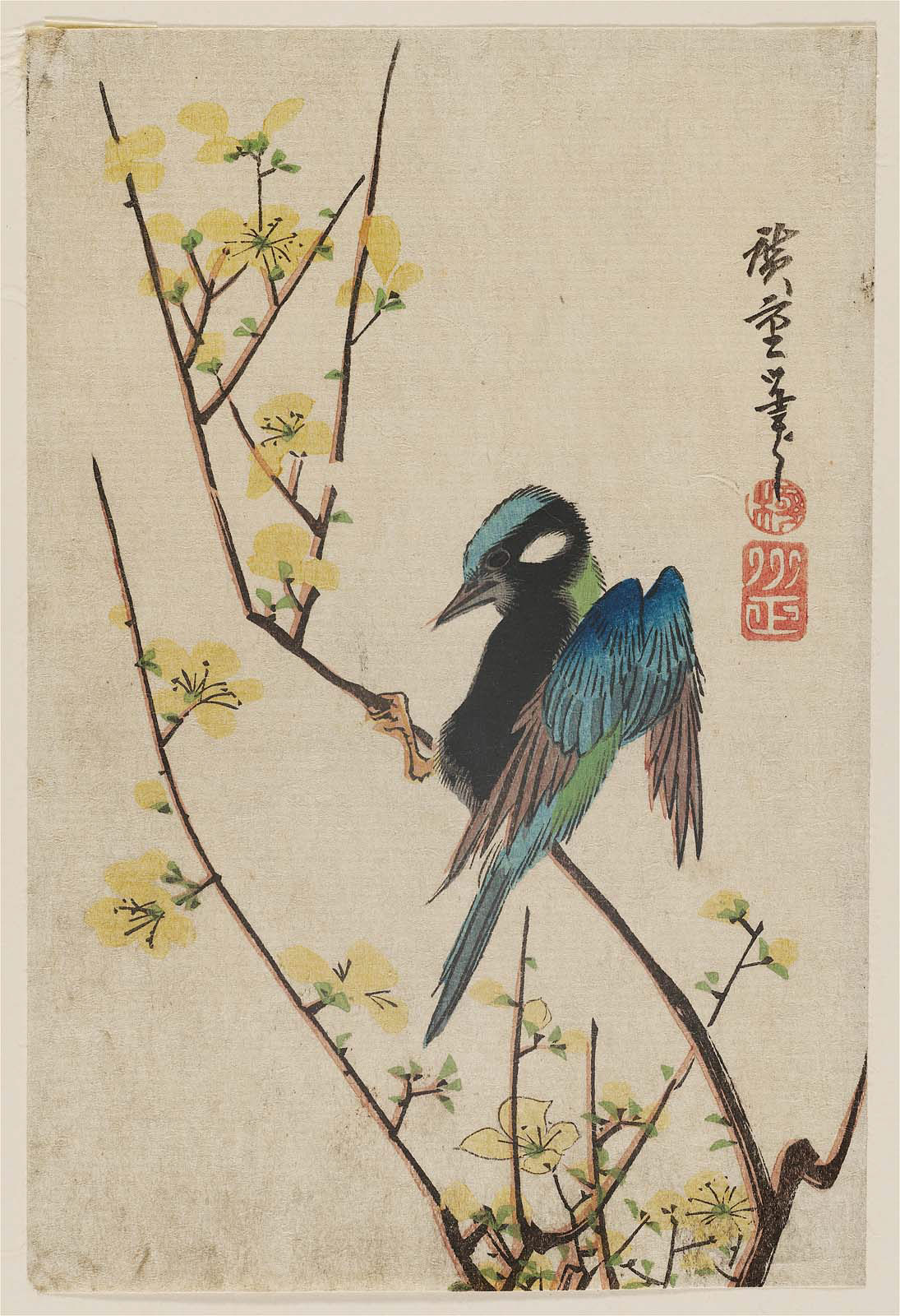 Hiroshiges - Bird on a Flowering Branch - Yotsugiri Format