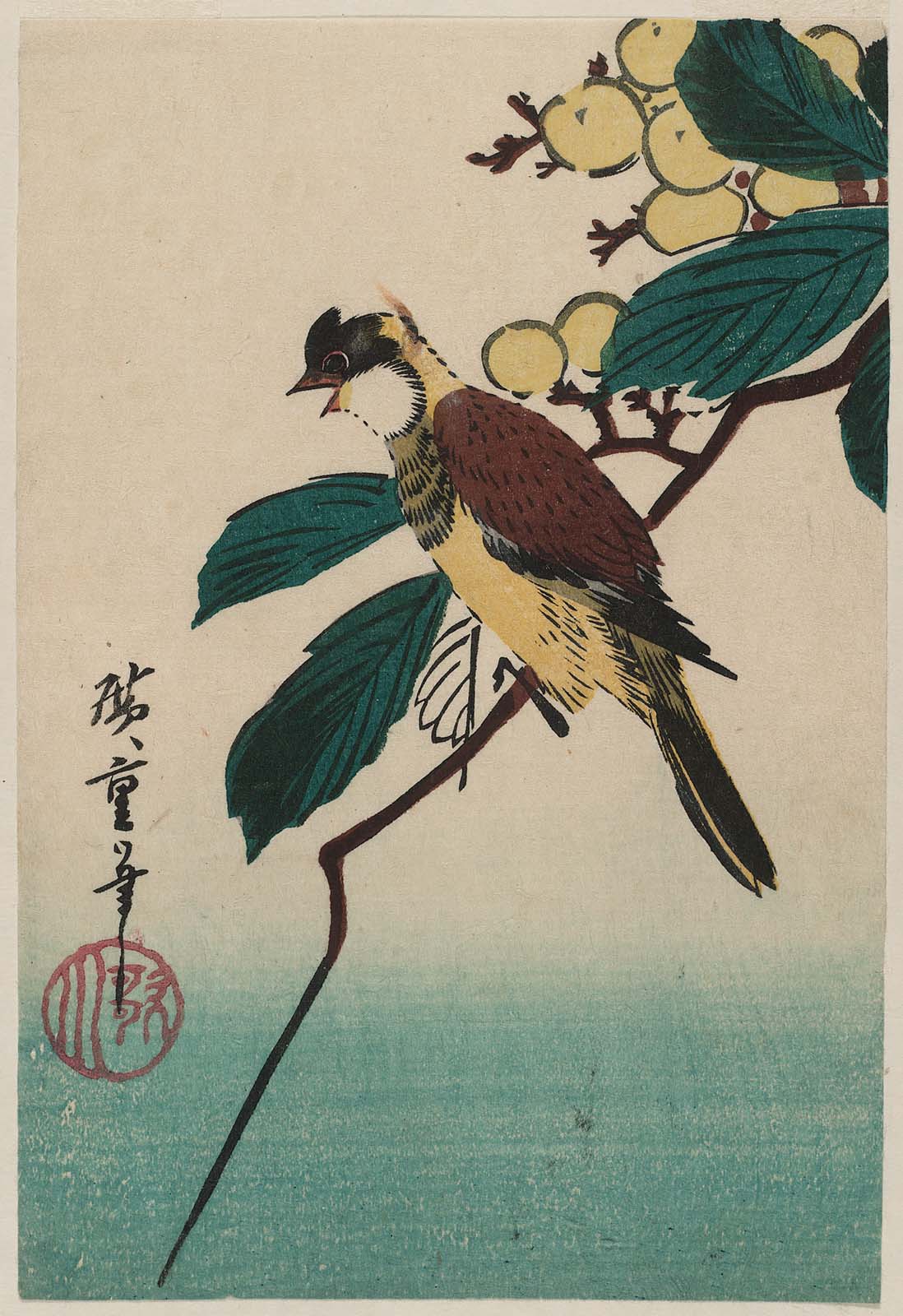 Hiroshiges - Bird on Loquat Branch - Yotsugiri Format