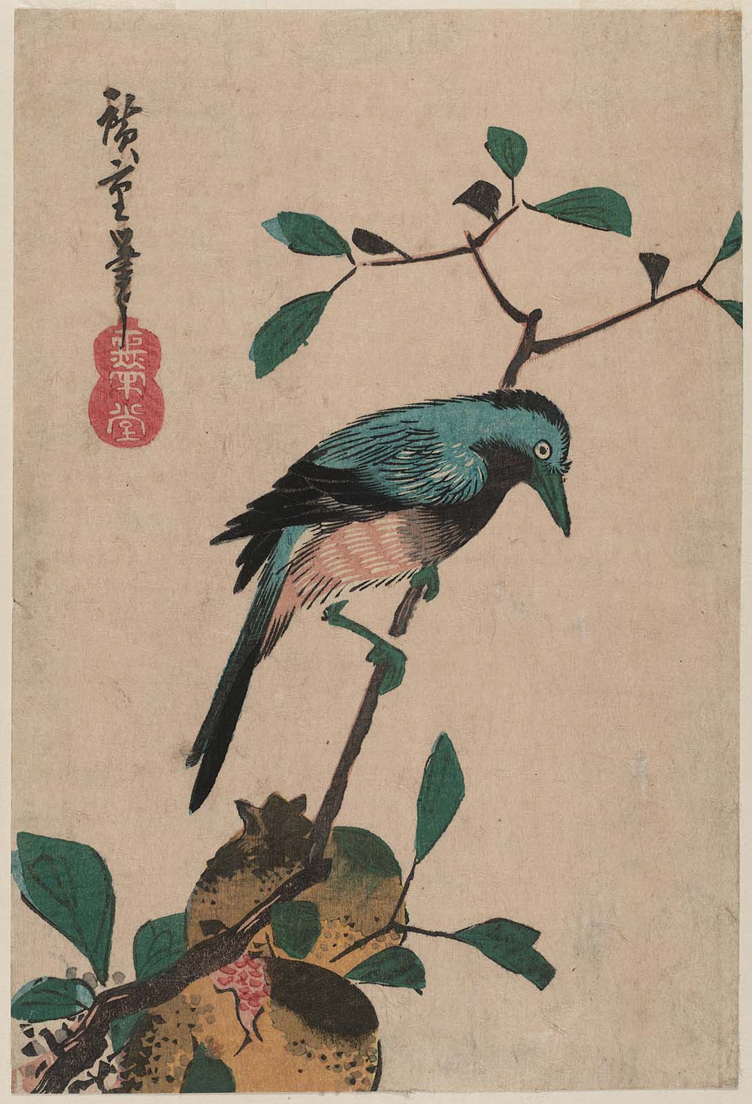 Hiroshiges - Bird on Pomegranate Branch - Yotsugiri Format