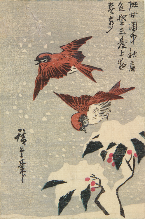 Hiroshiges - Sparrows and Snow-covered Nandina - Yotsugiri Format