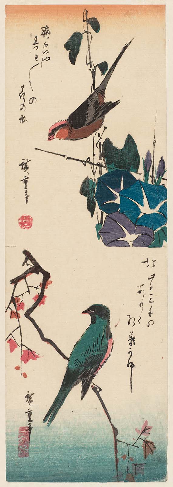 Hiroshiges - Bird and Morning Glories (above), Bird on Maple Branch (below) - Yotsugiri Format