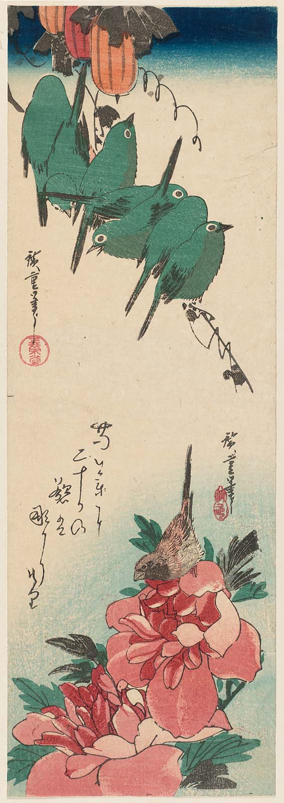 Hiroshiges - Gourds and Japanese White-eye (above), Peonies and Finch (below) - Yotsugiri Format