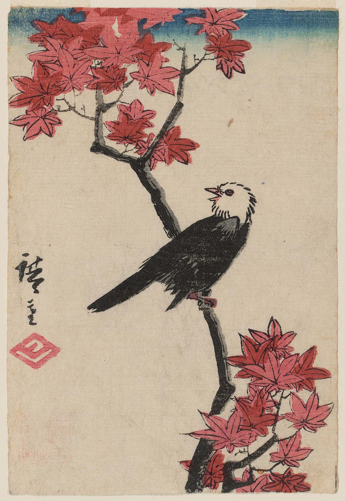 Hiroshiges - White-headed Bird on Maple Branch - Yotsugiri Format