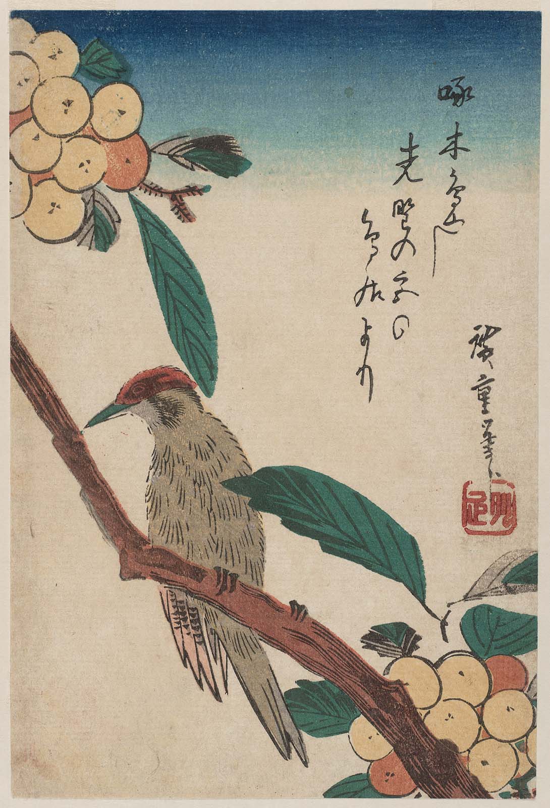 Hiroshiges - Woodpecker on Loquat Tree - Yotsugiri Format