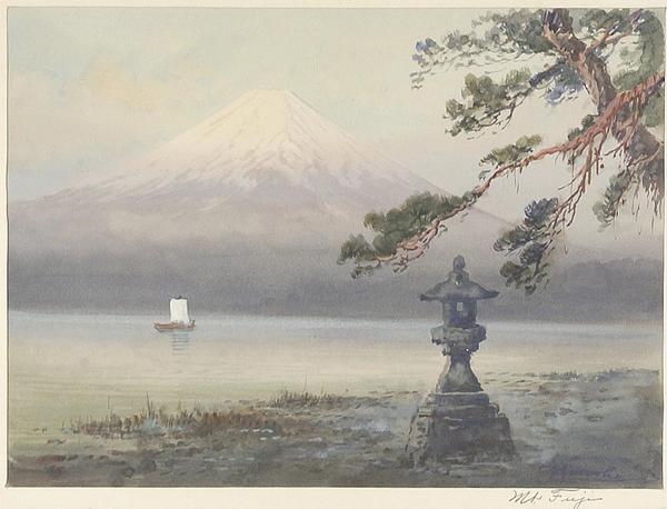 Hiroshi Yoshida - Mount Fuji and a temple lantern