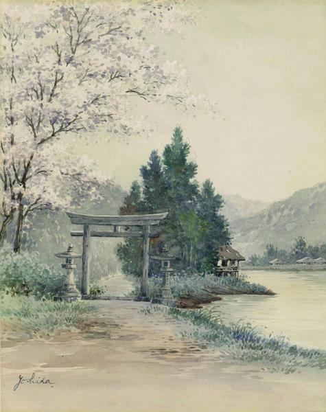 Hiroshi Yoshida - Torii Entrance by Stream in Spring