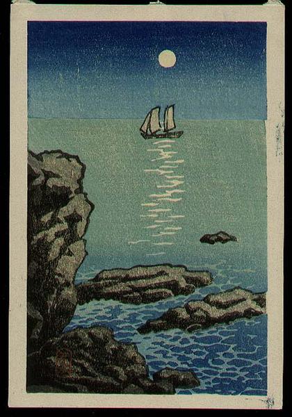 Hasui Kawase - Night moon sailboat sea