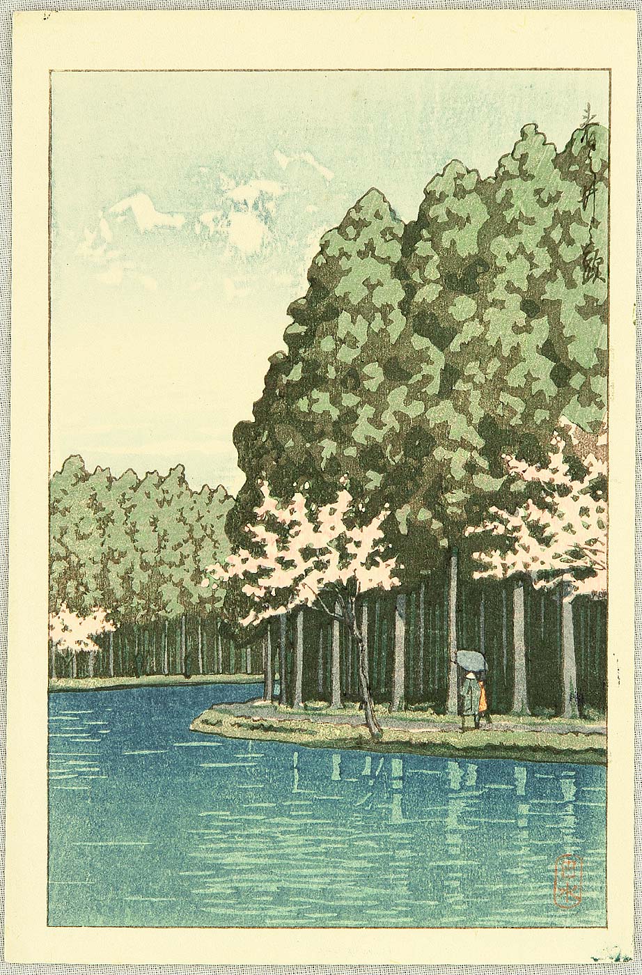 Hasui Kawase - Cherry Blossoms and Evergreen Forest