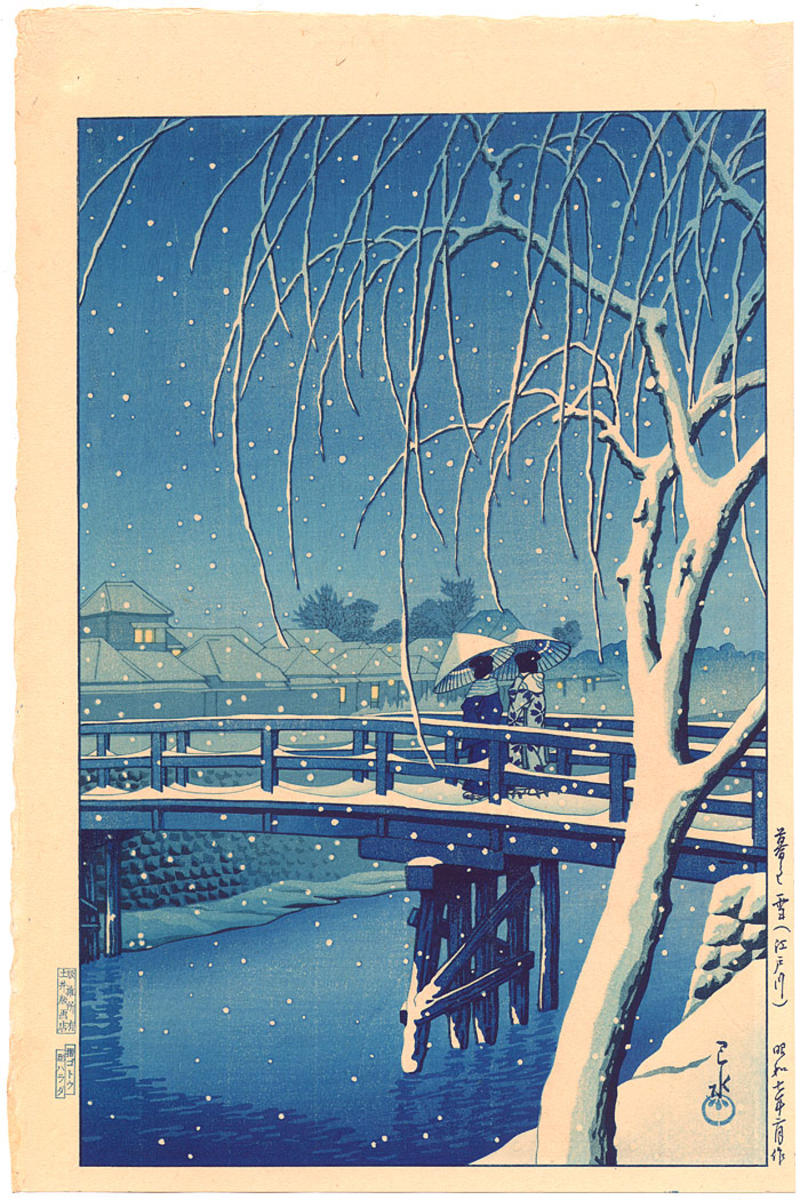 Hasui Kawase - Evening Snow at Edogawa