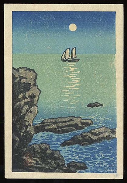 Hasui Kawase - Night moon sailboat sea