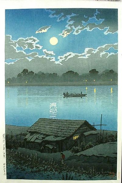 Hasui Kawase - MOONLIGHT ON ARAKAWA RIVER, AKABANE