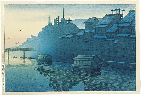 Hasui Kawase - Souvenirs of Travel, Second Series: Morning at Dotonbori in Osaka (Tabi miyage dainishu: Osaka dotonbori no asa)