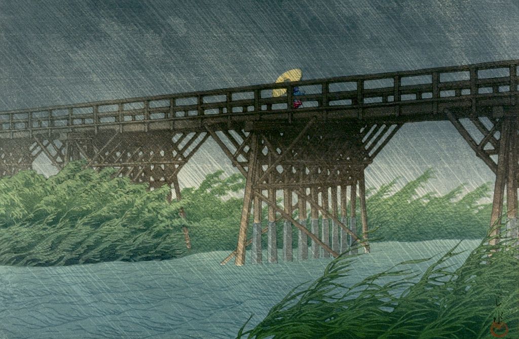 Hasui Kawase - Evening Shower at Imaibashi (Imaibashi no yûdachi), Shôwa period, dated 1932