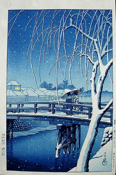 Hasui Kawase - Evening Snow at Edogawa