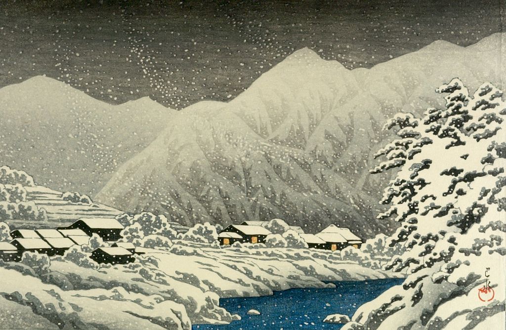 Hasui Kawase - Snowfall at Nakayama, Hida (Hida Nakayama shichiri), from the series Souvenirs of Travels III (Tabi miyage daisanshû), Taishô period, dated 1924