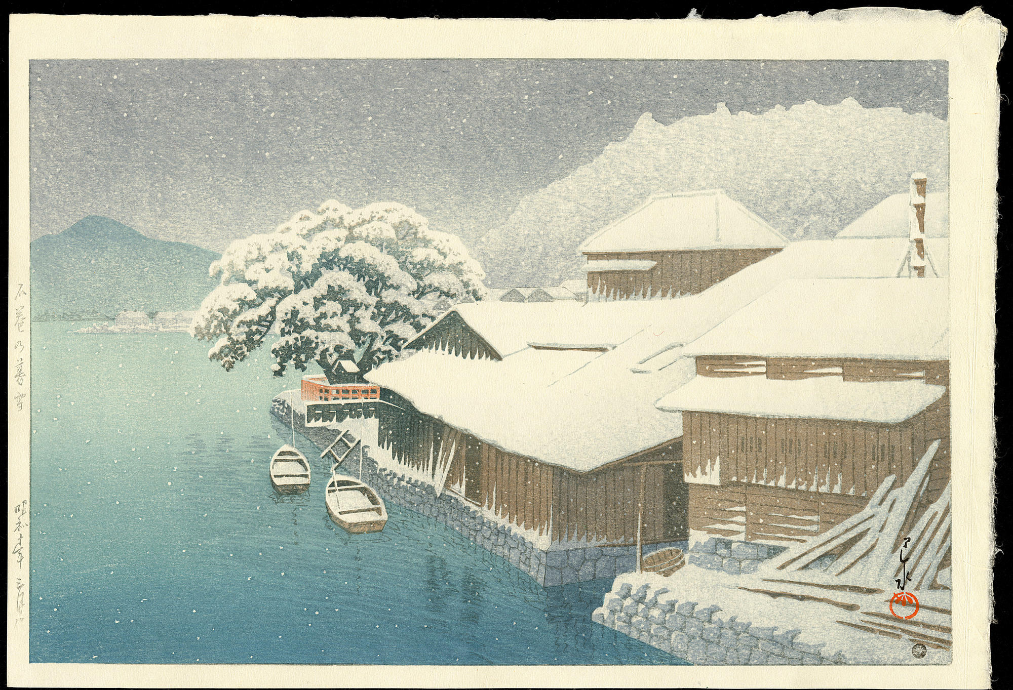 Hasui Kawase - Snow Falling at Ishinomaki – 石巻の？雪