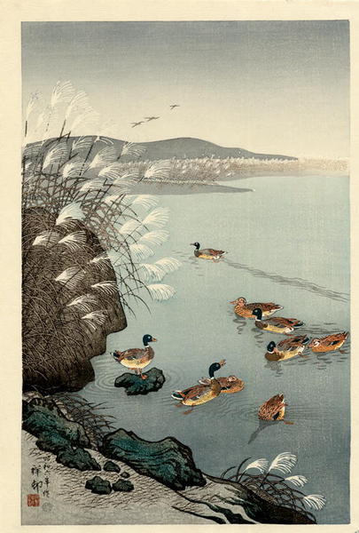 Hasui Kawase - Mallard Ducks in Coastal Scene