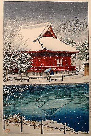 Hasui Kawase - Snow at Shinobazu Benten Shrine (Shinobazu benten jingu no yuki)