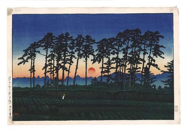 Hasui Kawase - Sunset at Ichinokura, Ikegami — 池上市之倉（夕陽）