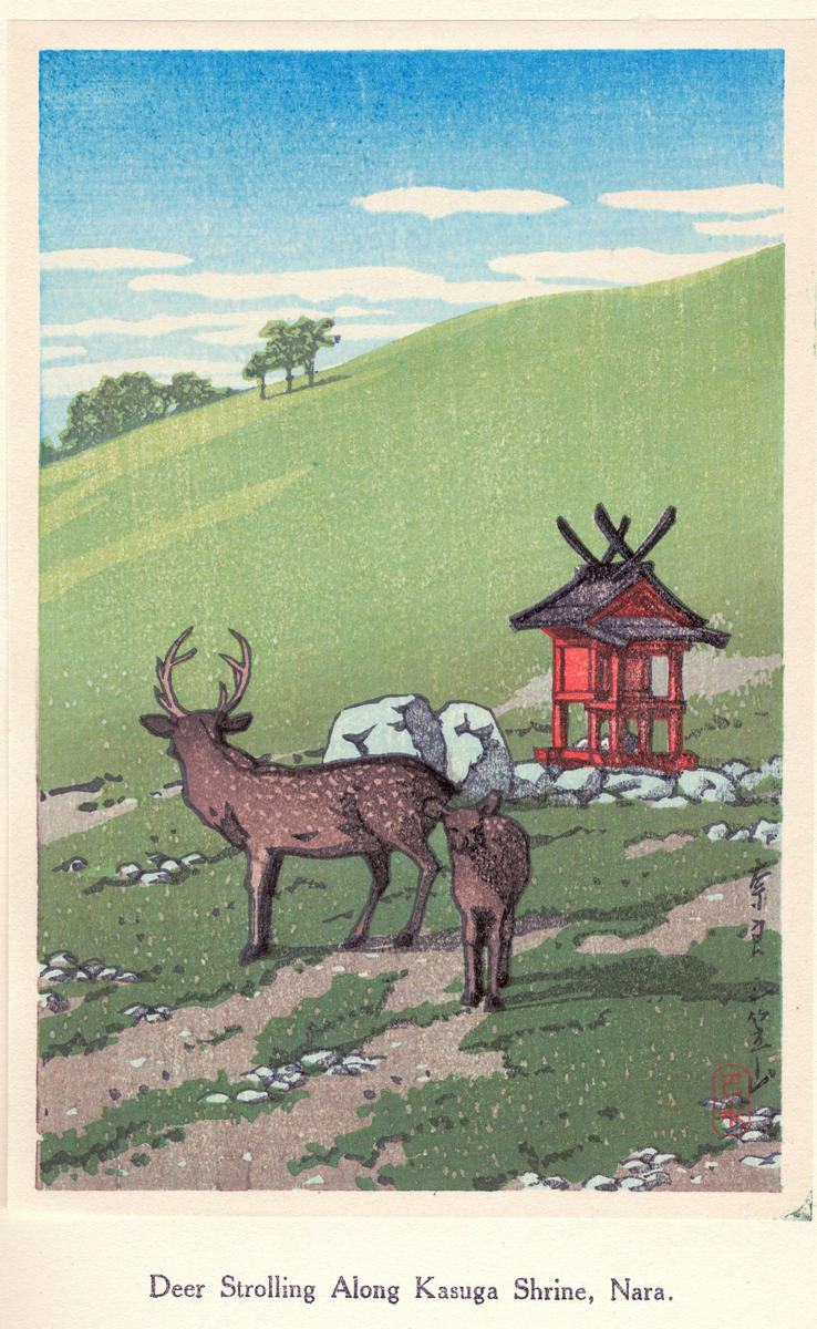 Hasui Kawase - Deer Strolling along Kasuga Shrine, Nara