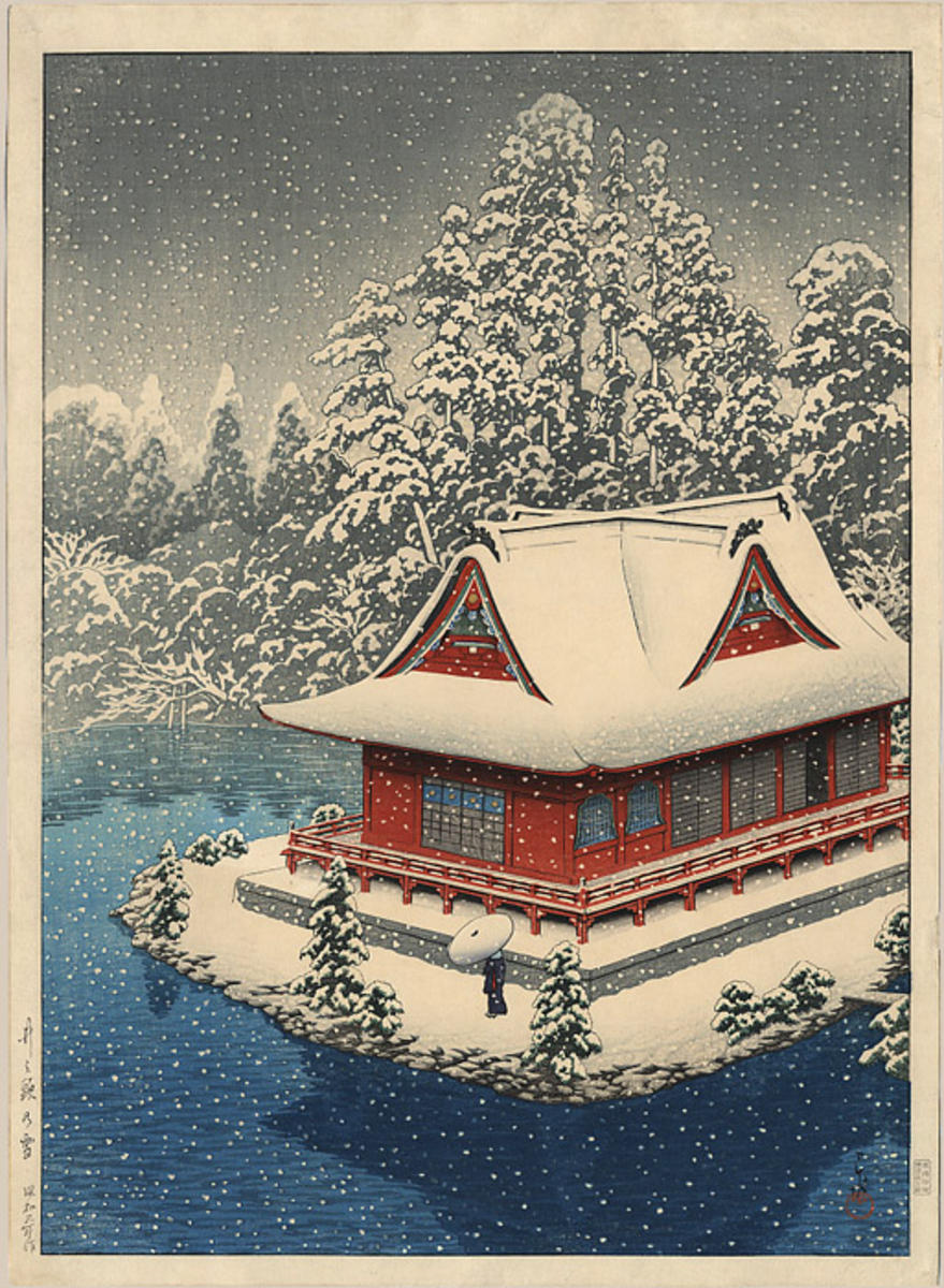 Hasui Kawase - Night view of Benten Shrine Snow at Inokashira Park