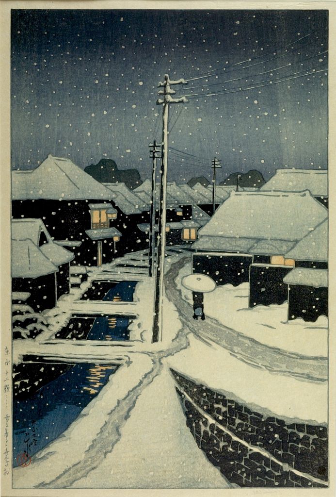 Hasui Kawase - Terashima in Snow (Yuki ni kureru Terashima), from the series Twelve Views of Tokyo (Tokyo jûnidai), Taishô period, dated 1920