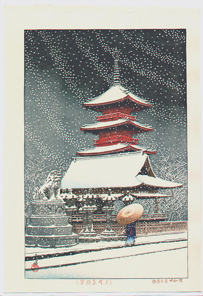 Hasui Kawase - Snow at Ueno Toshogu Shrine