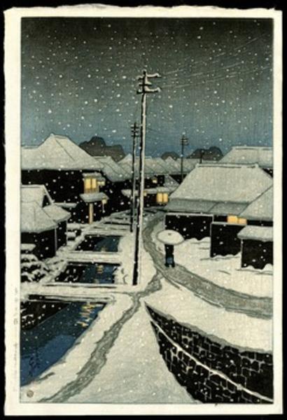 Hasui Kawase - Evening Snow at Terajima Village