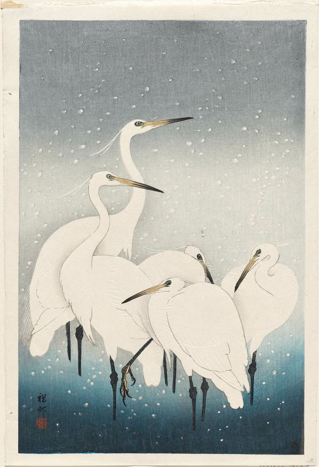 Ohara Koson - Five white herons standing in water; snow falling