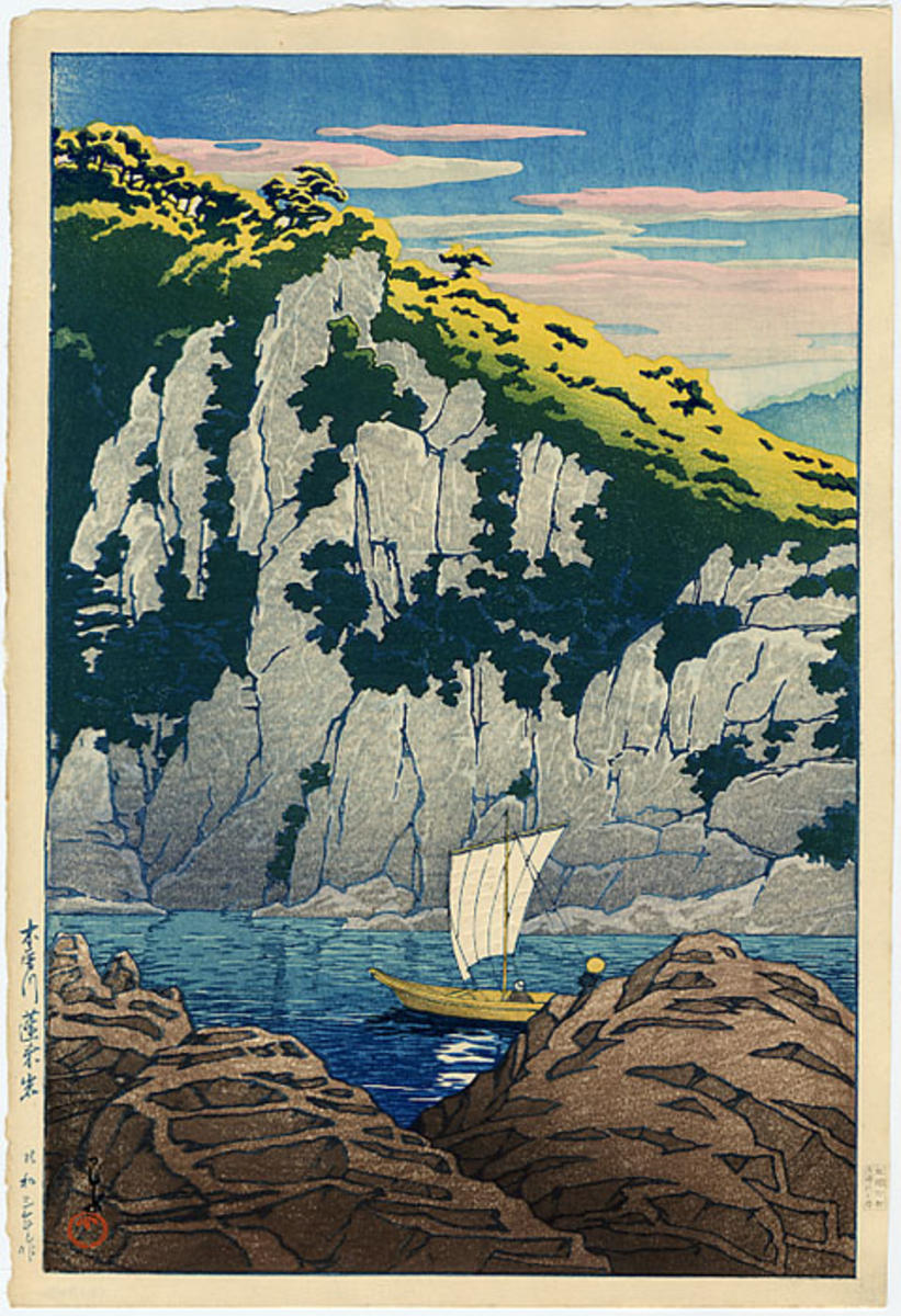 Hasui Kawase - Horai rock in the Kiso River