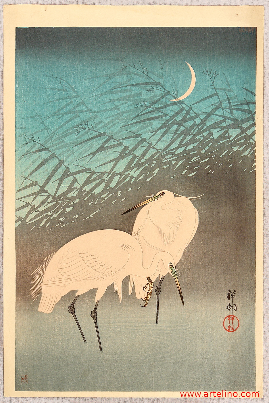 Ohara Koson - Egrets and Crescent Moon