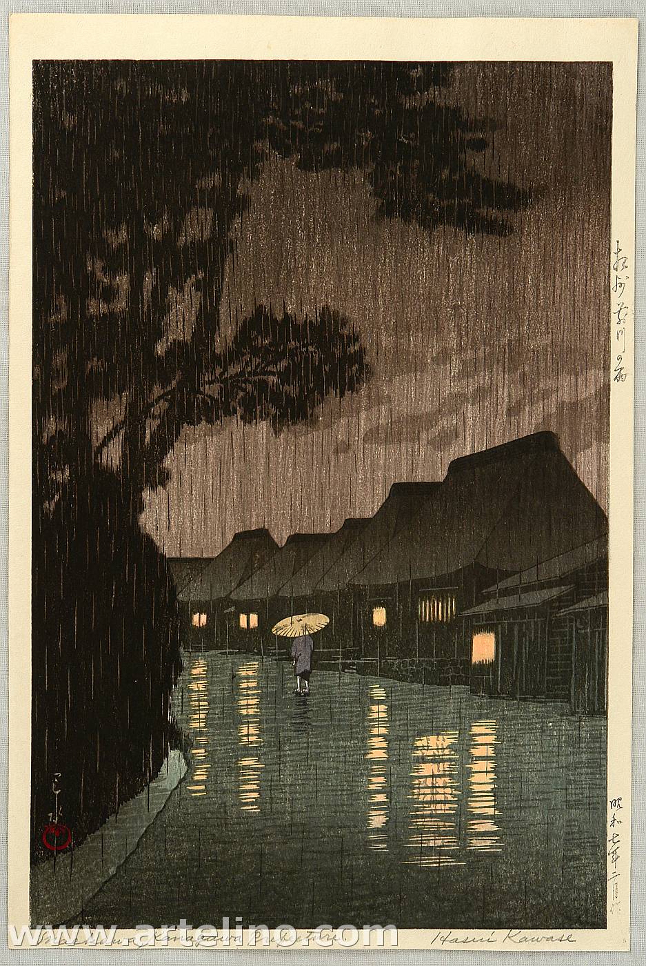 Hasui Kawase - Selection of Views of the Tokaido – Rainy Night at Maekawa