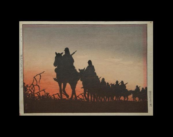 Hasui Kawase - Sunset- advance of the cavalry in Manchuria