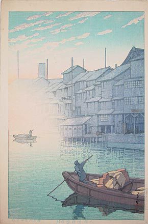 Hasui Kawase - Collection of scenic views of Japan II, Kansai edition: Morning at Dotonbori in Osaka (Nihon fukei shu II Kansai hen: Osaka dotonburi no asa)