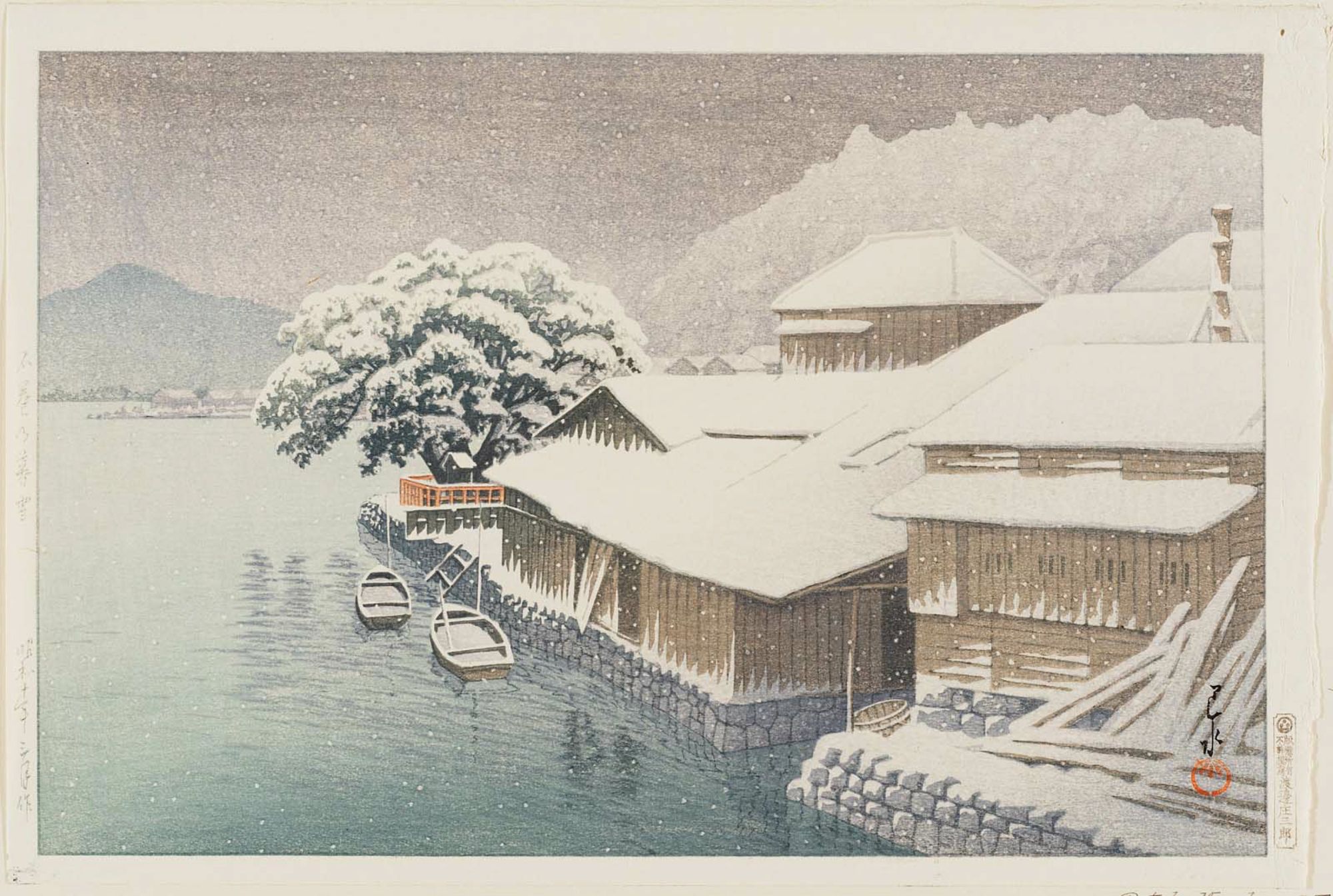 Hasui Kawase - Evening Snow at Ishinomaki (Ishinomaki no bosetsu), from the series Collected Views of Japan, Eastern Japan Edition (Nihon fûkei shû higashi Nihon hen)