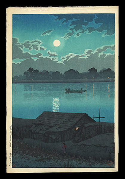 Hasui Kawase - MOONLIGHT ON ARAKAWA RIVER, AKABANE