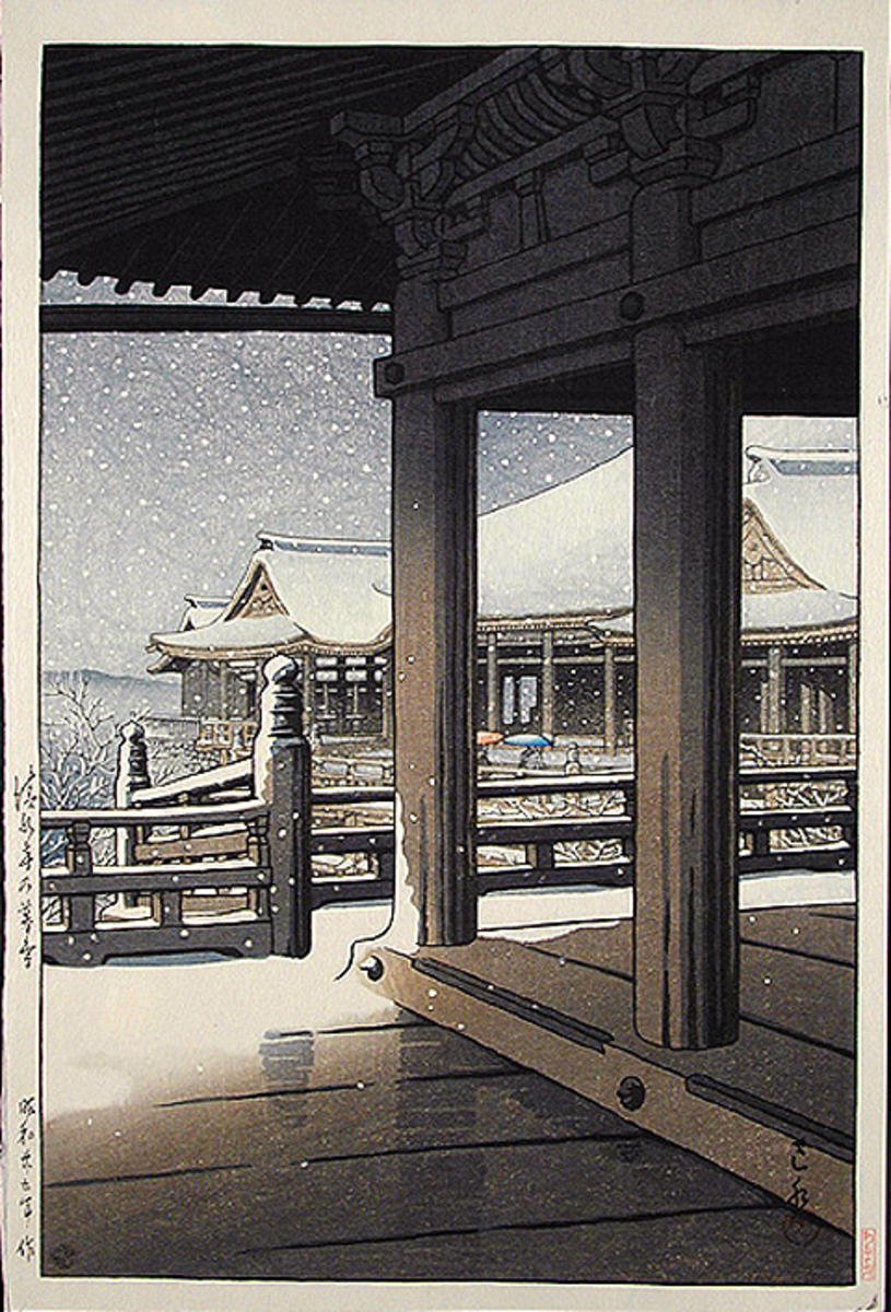 Hasui Kawase - Evening Snowfall at Kiyomizu Temple, Kyoto