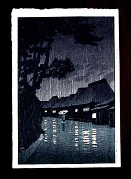 Hasui Kawase - Rainy Night at Maekawa — 相州前川の雨