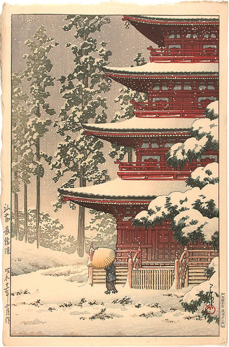 Hasui Kawase - Saishoin Pagoda-Temple in Snow, Hirosaki