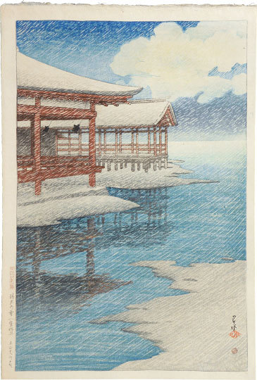 Hasui Kawase - Souvenirs of Travel, Second Series: Snow from a Clear Sky, Miyajima (Tabi miyage dainishu: Seiten no yuki, Miyajima)