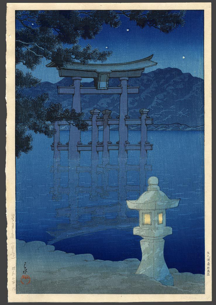 Hasui Kawase - Beautiful night – moon and stars, Miyajima Shrine