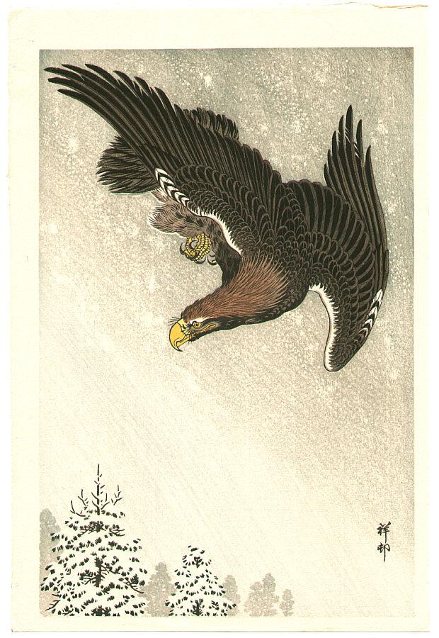 Ohara Koson - Eagle in Flight against a Snowy Sky