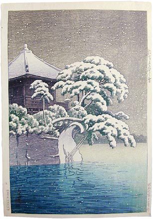 Hasui Kawase - Snow at Godaido Temple in Matsushima (Matsushima Godaido no yuki)