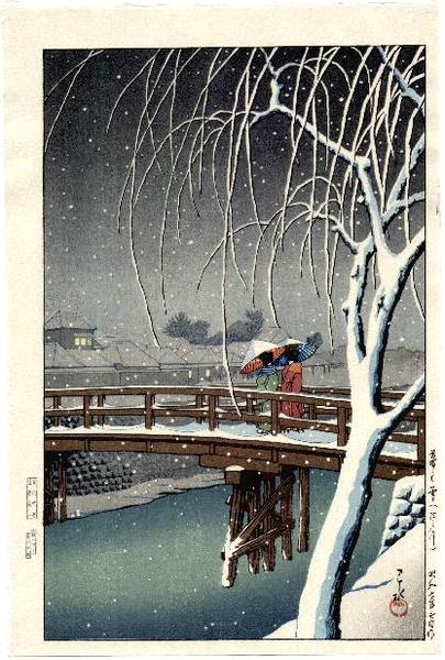 Hasui Kawase - Evening Snow at Edogawa