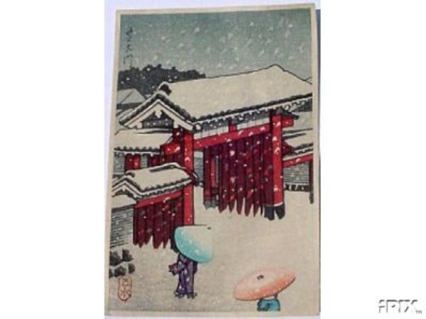 Hasui Kawase - Unknown- Red Temple Gate in Snow