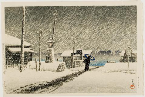 Hasui Kawase - Snow at Tsukijima, from the series Twenty Views of Tokyo