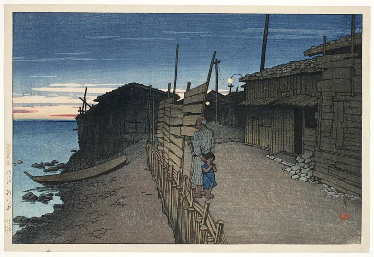 Hasui Kawase - View of Aikawa-cho on Sado Island at dusk